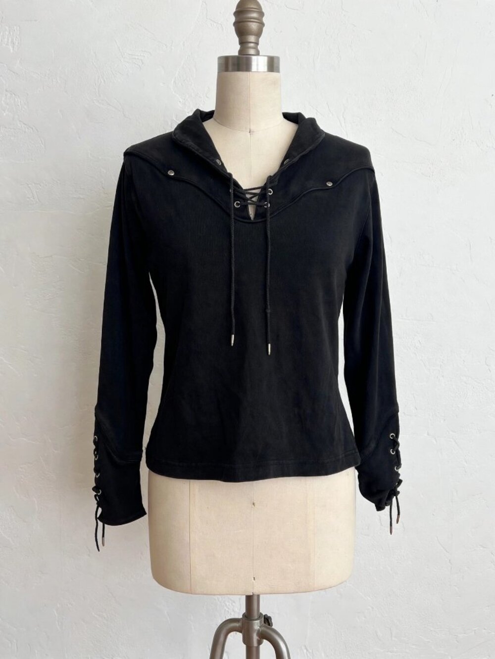 Harley-Davidson Lace Up Top S Black Long Sleeve Cotton Biker Y2K Womens